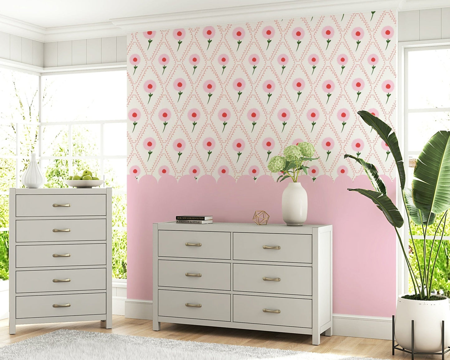 Soft pink floral wallpaper with green leaves for a nursery wall mural.