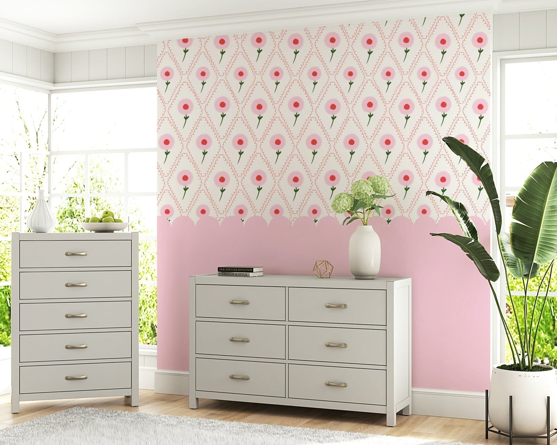 Soft pink floral wallpaper with green leaves for a nursery wall mural.