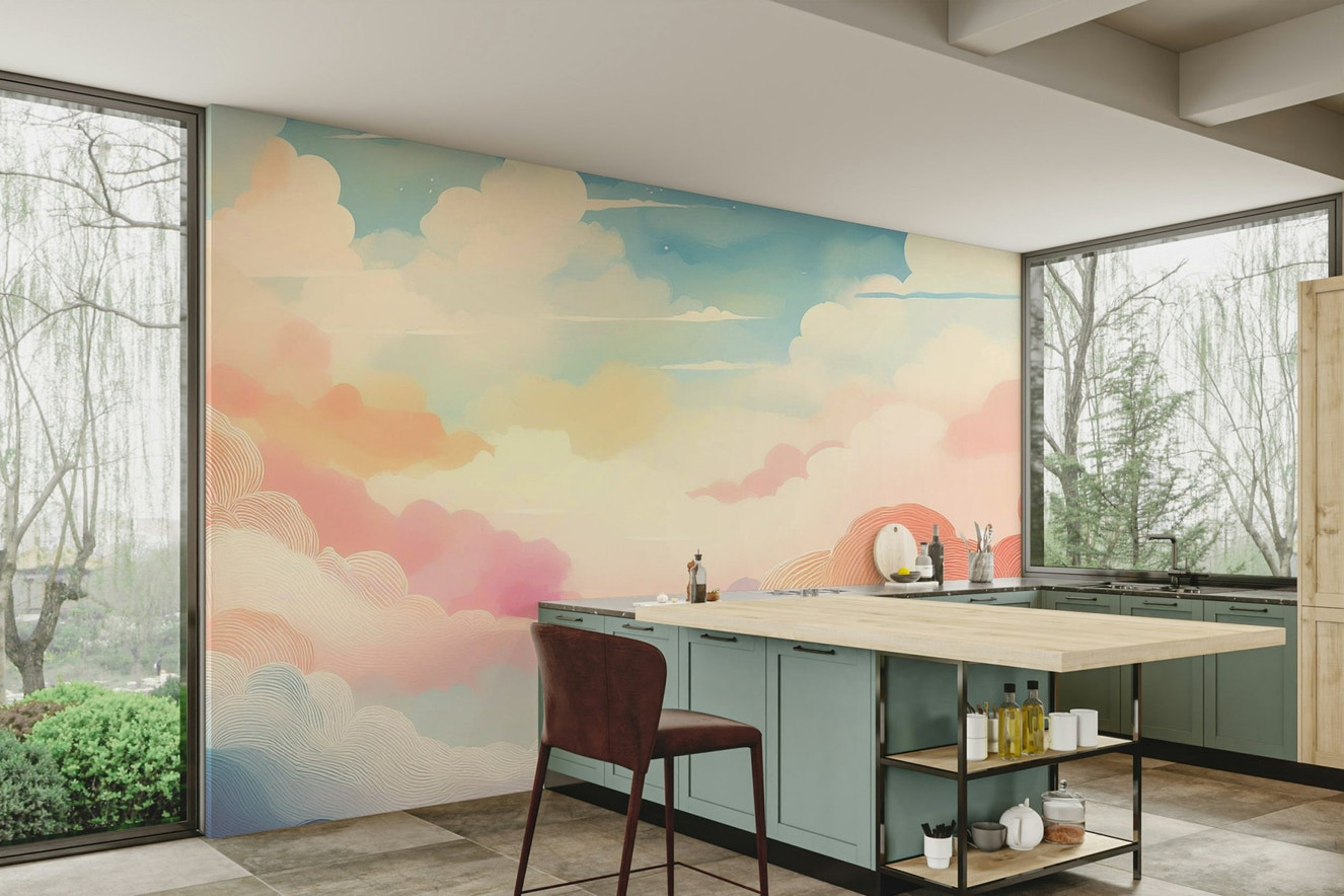 Soft pink cotton candy clouds on wall mural.

