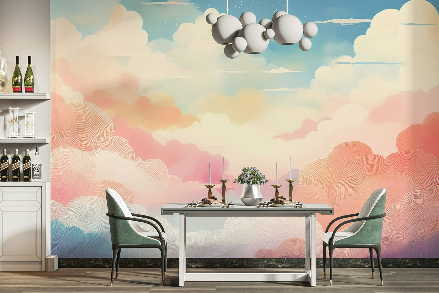 Soothing pastel-colored cotton candy clouds mural.

