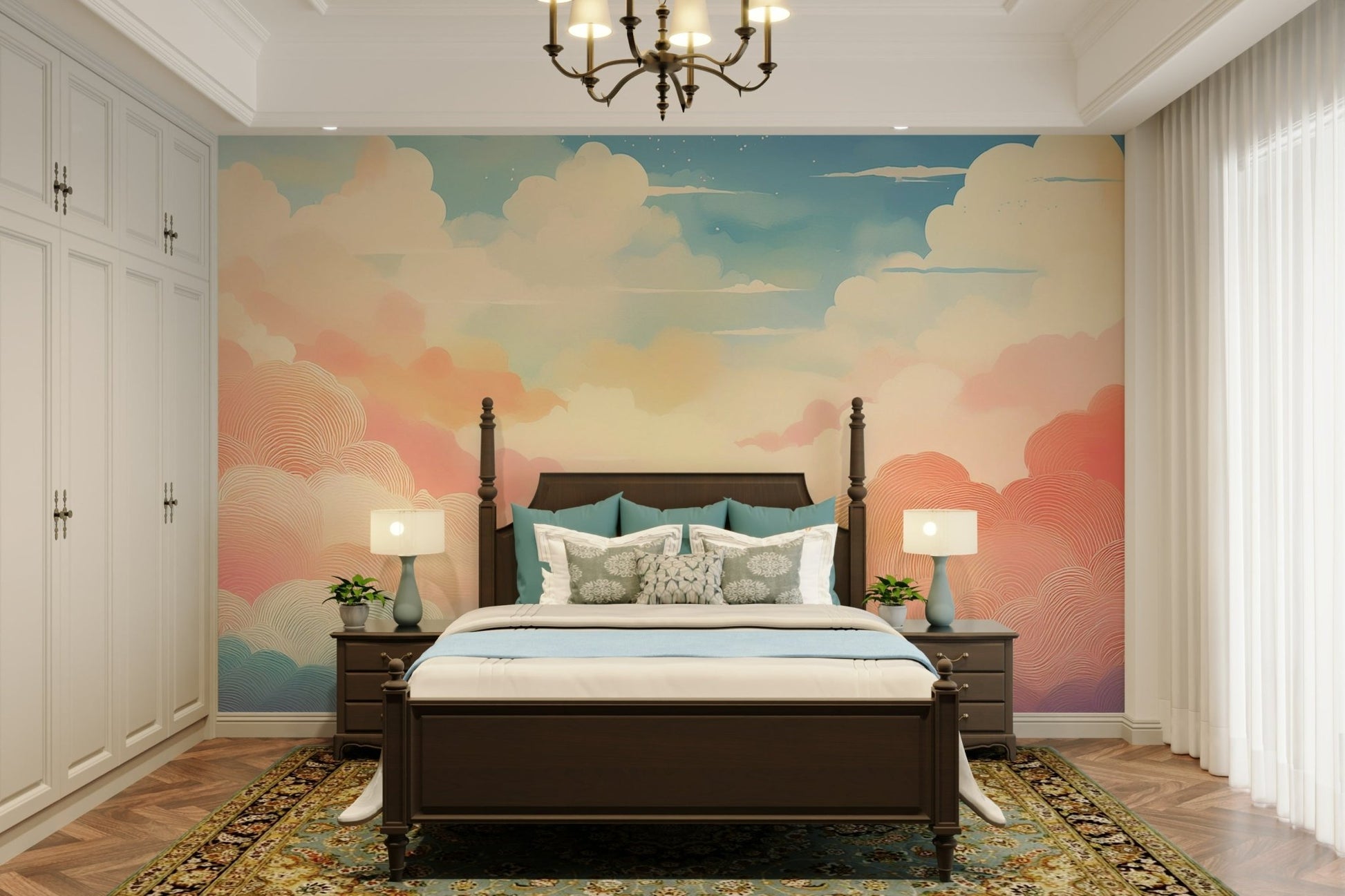 Wall mural featuring fluffy cotton candy clouds.

