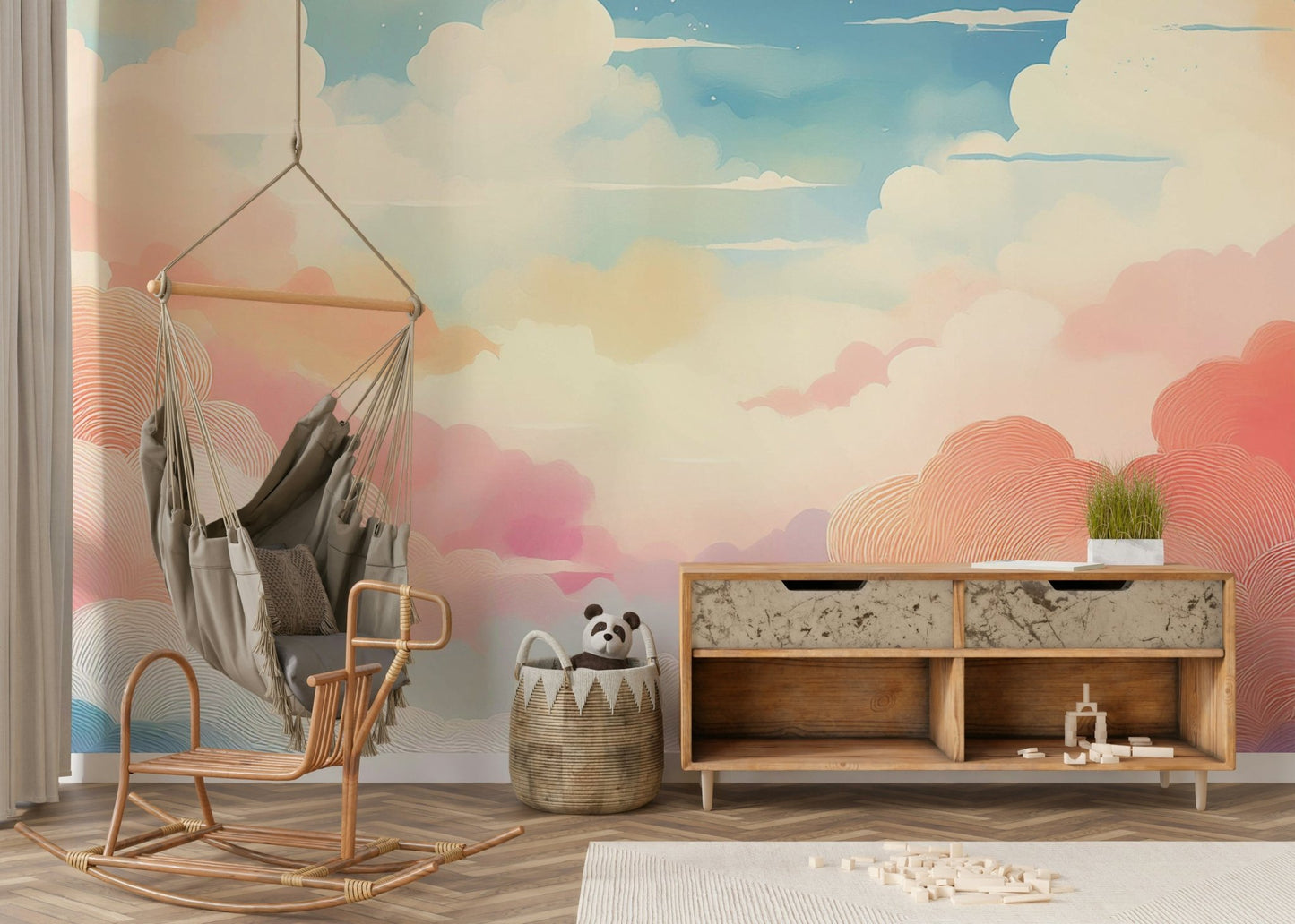 Whimsical cotton candy clouds on wall mural.

