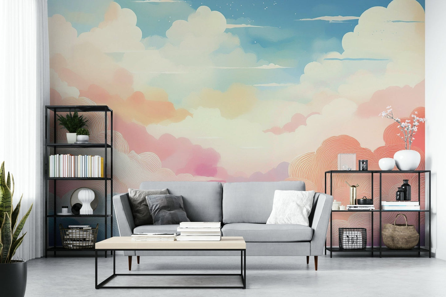 Cotton candy skies mural for serene spaces.


