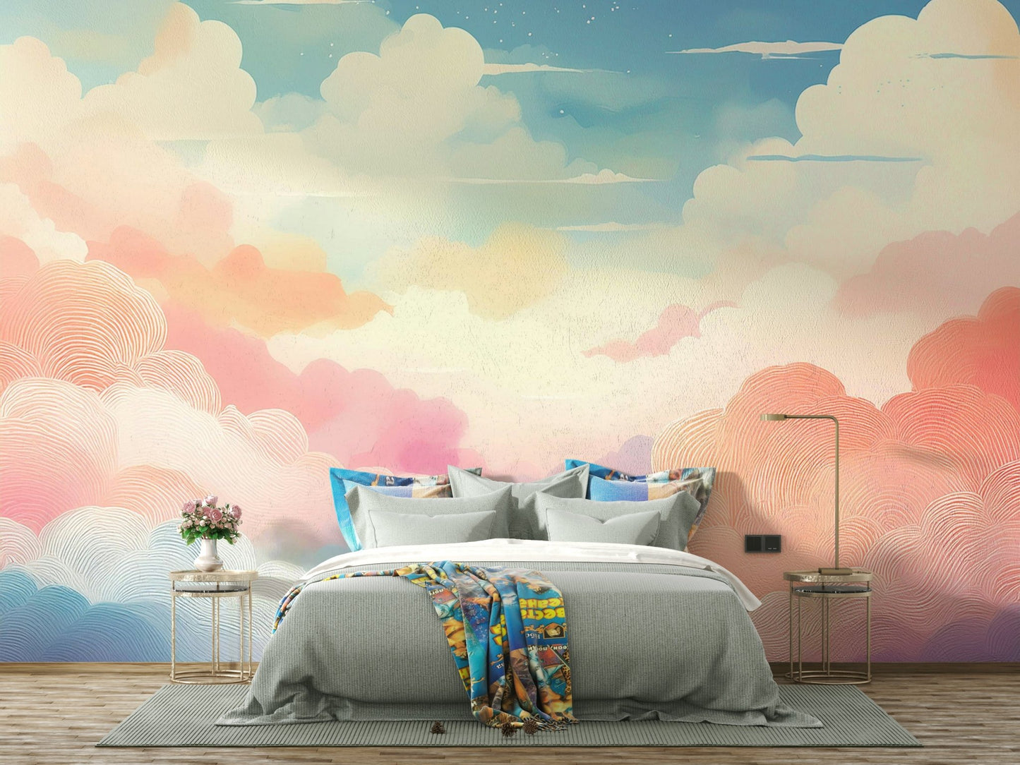 Beautiful cotton candy clouds wall mural decor.

