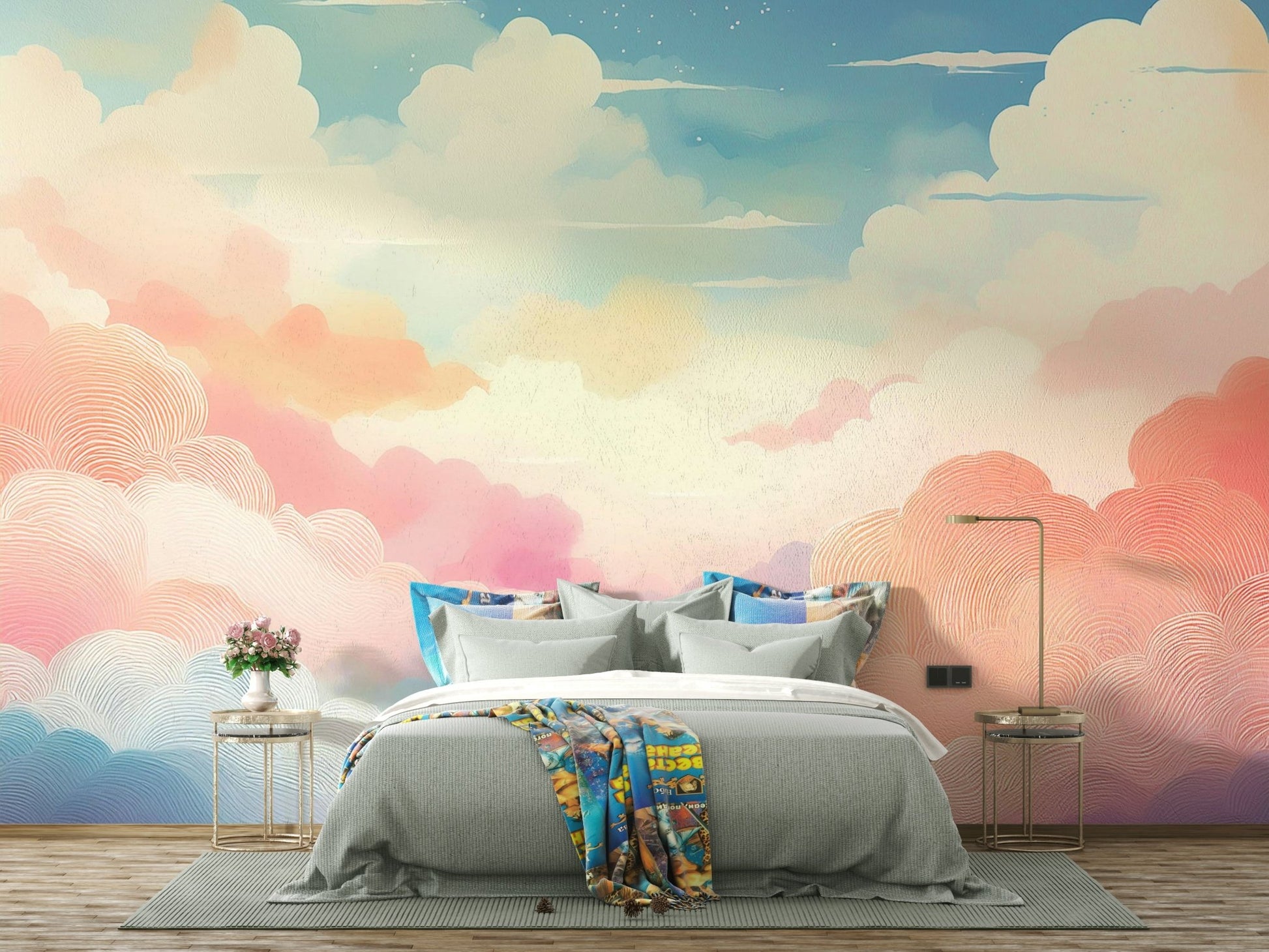 Beautiful cotton candy clouds wall mural decor.

