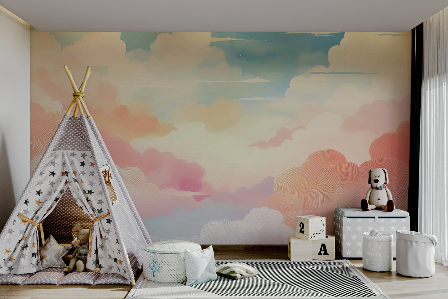 Peaceful cotton candy clouds mural for your home.

