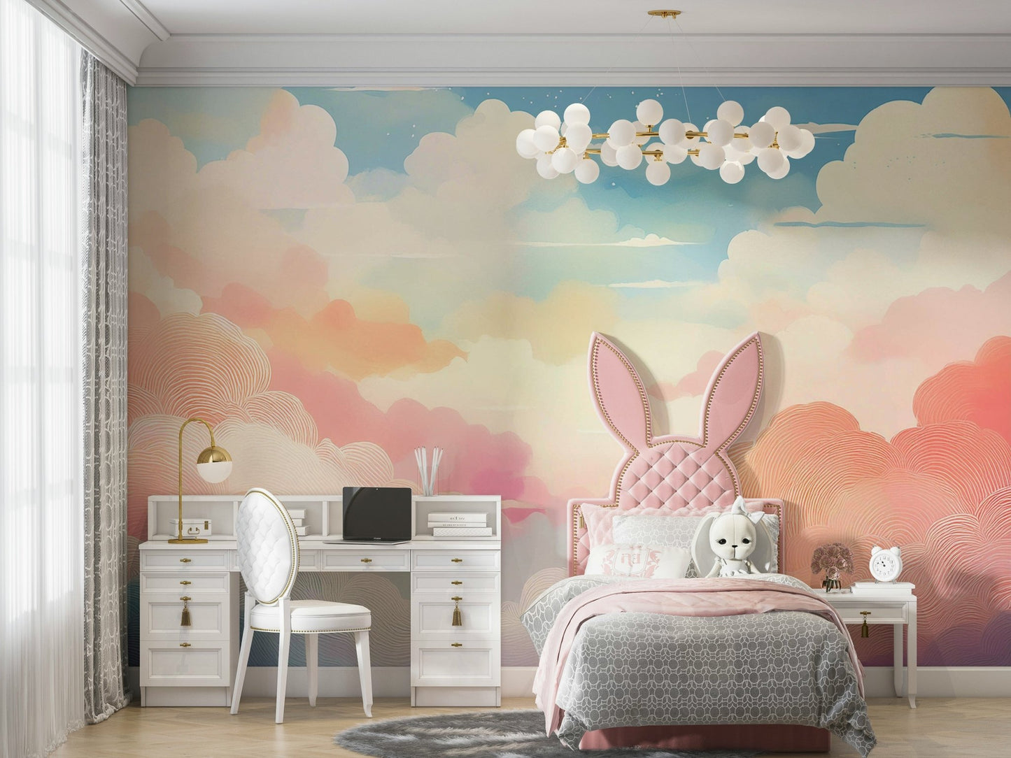 Dreamy pastel sky mural with cotton candy clouds.

