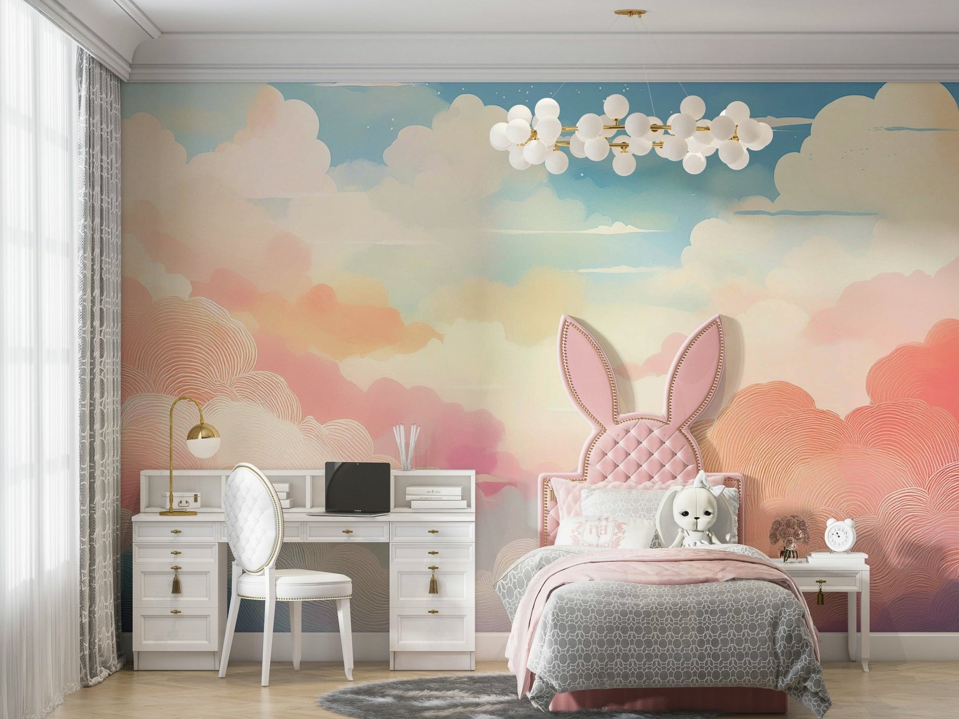 Dreamy pastel sky mural with cotton candy clouds.

