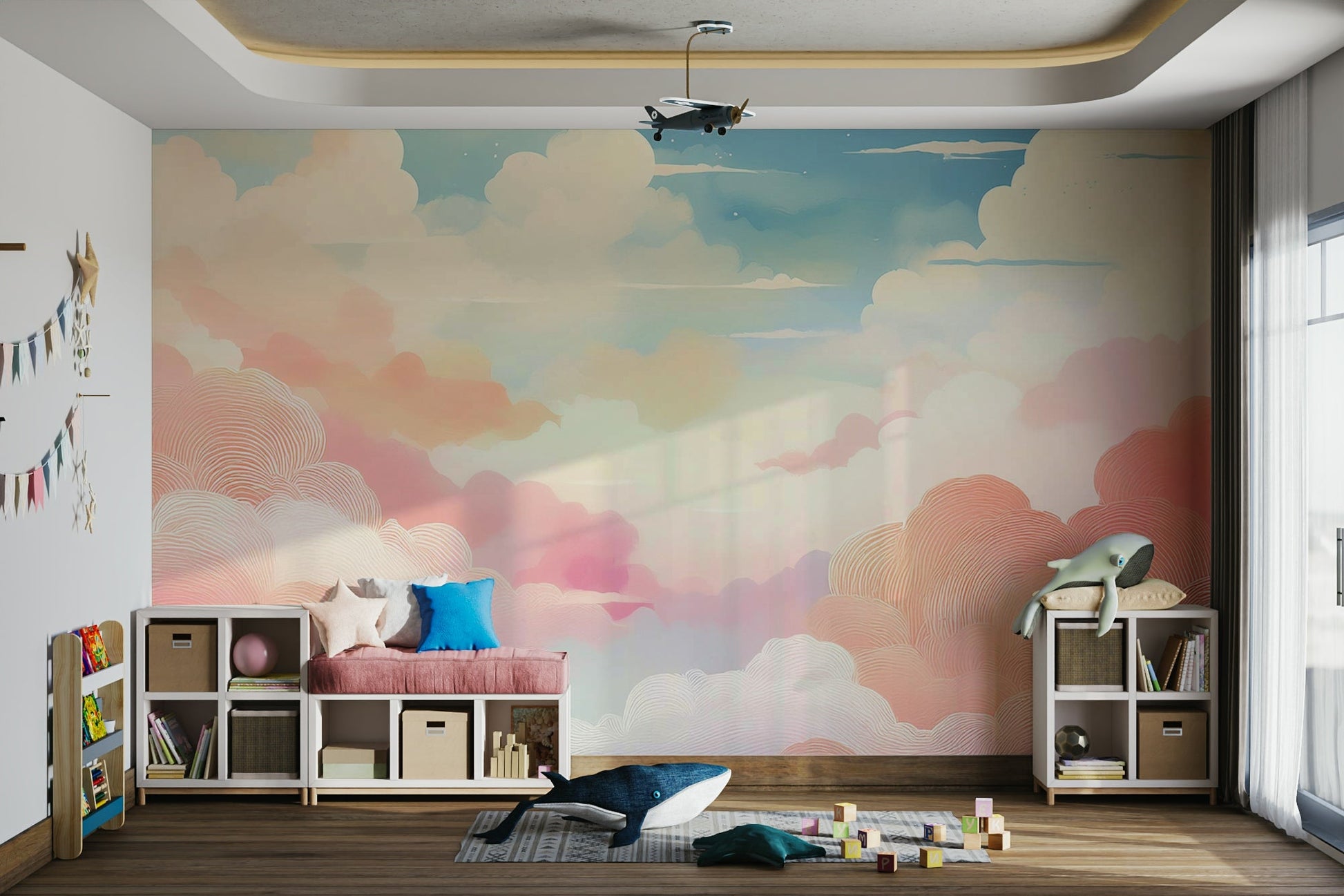 Calming cotton candy cloud mural for relaxation.

