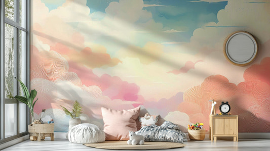 Cotton candy cloudscape mural for dreamy rooms.


