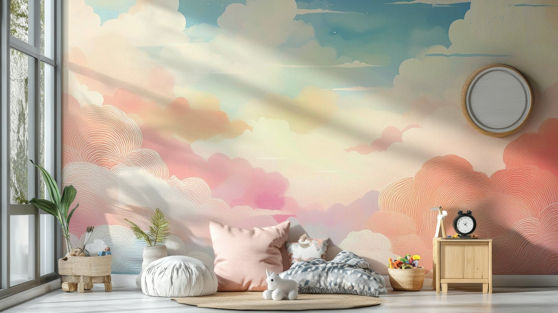 Cotton candy cloudscape mural for dreamy rooms.

