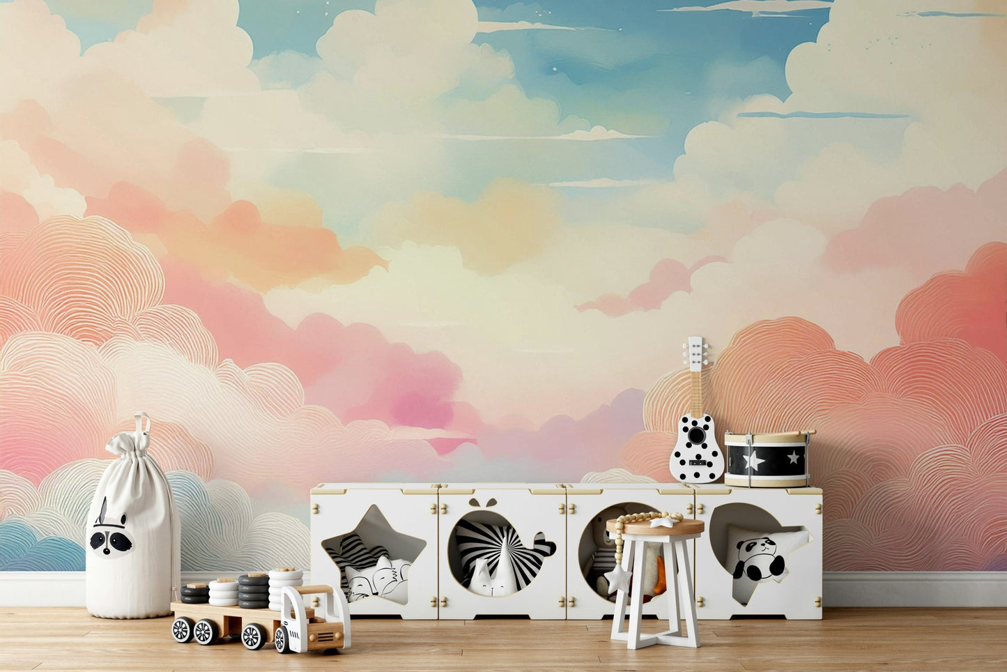 Cloudscape mural in soft pastel cotton candy shades.

