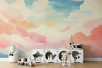 Cloudscape mural in soft pastel cotton candy shades.

