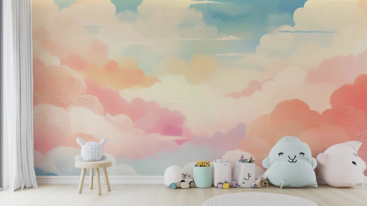 Dreamy cotton candy sky mural for modern spaces.

