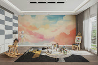 Soft pastel clouds wall mural for calming interiors.


