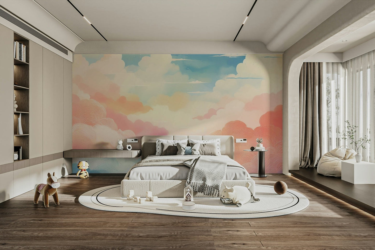 Soft pastel wall mural with cotton candy clouds.

