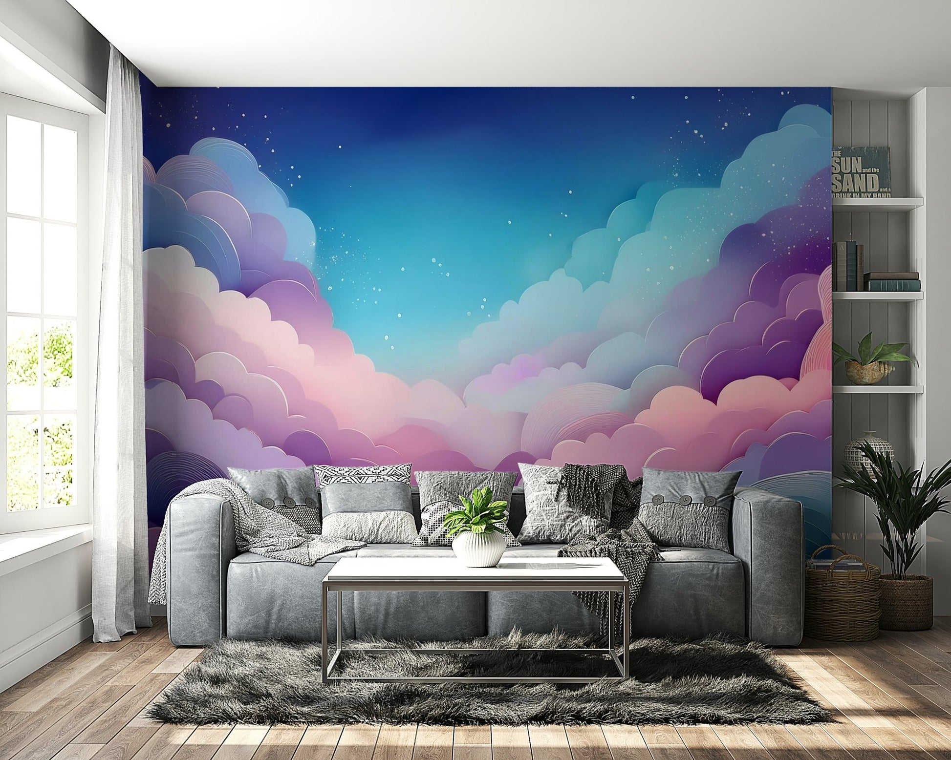 Whimsical Cotton Candy Skies mural for nursery walls

