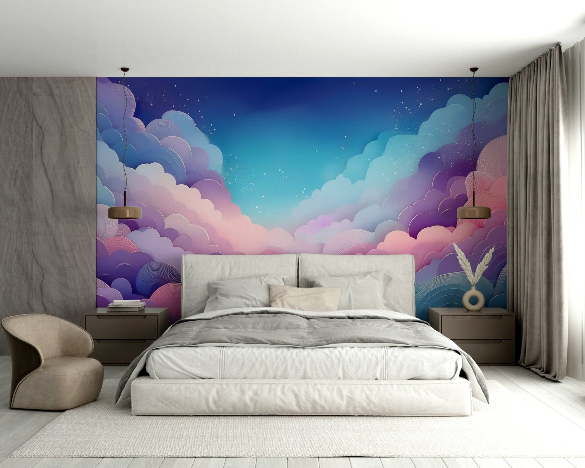 Soft pink and lavender Cotton Candy Skies mural for bedrooms

