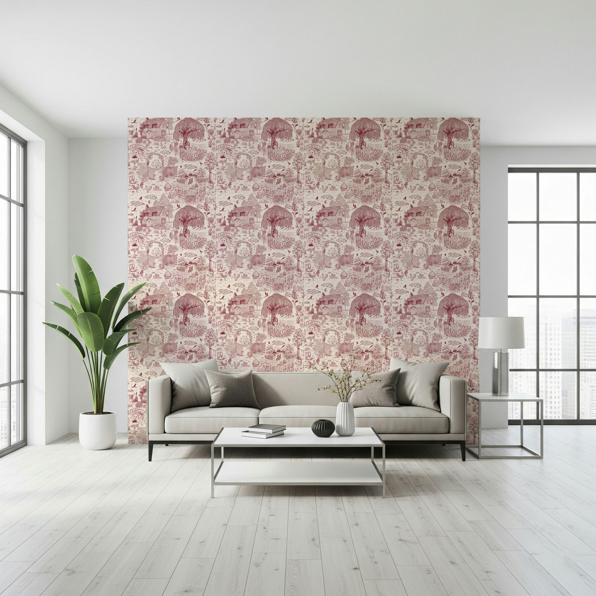 Rustic cottage Country Charm Toile Wallpaper Wallpaper scene., GD6439