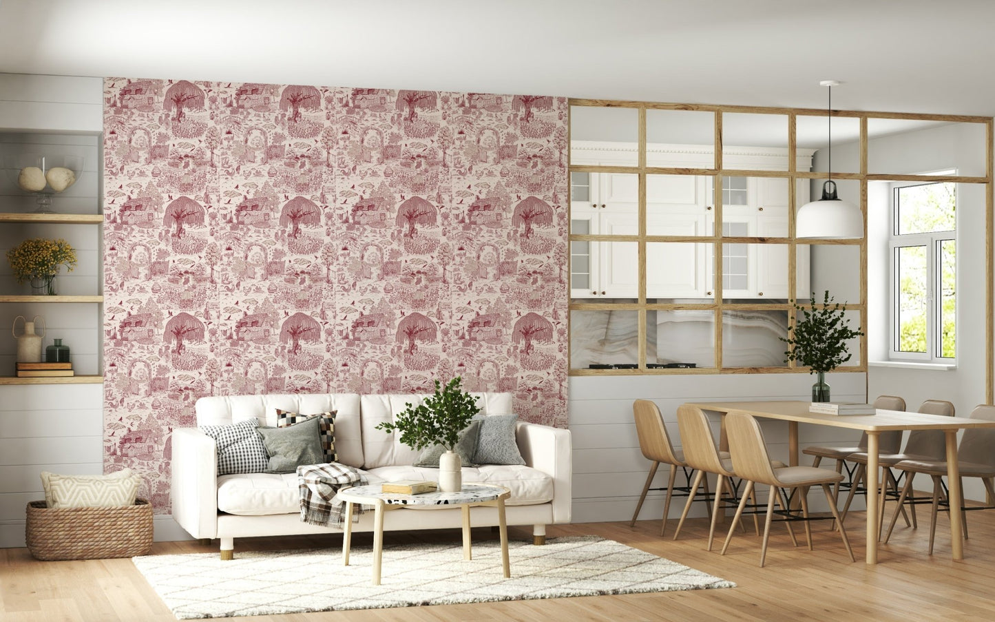 Traditional toile Country Charm Toile Wallpaper Wallpaper style art.