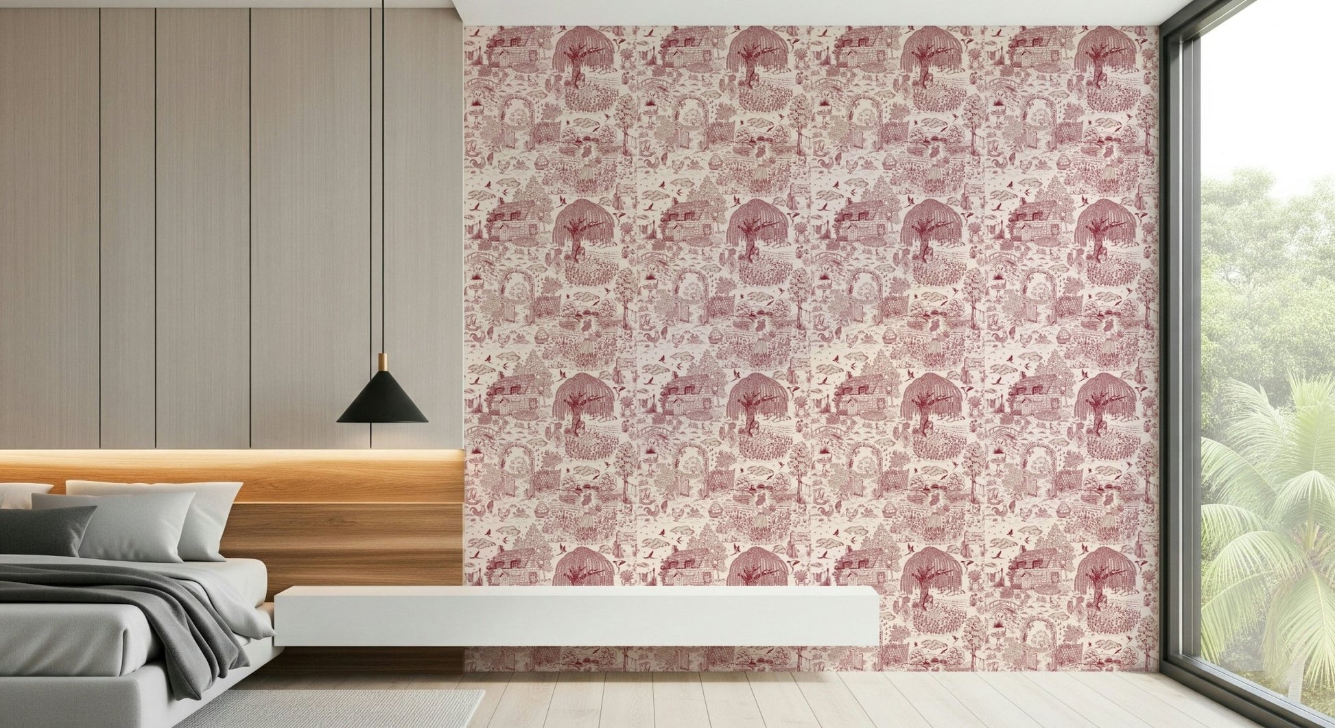 Whimsical garden Country Charm Toile Wallpaper Wallpaper elements detail.