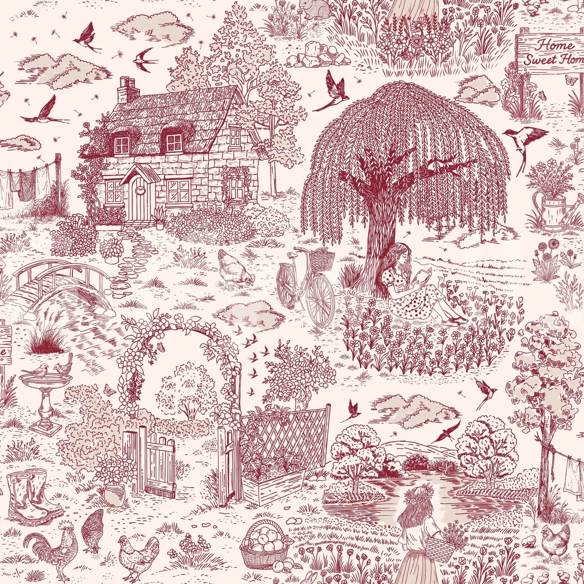 Cottage core Country Charm Toile Wallpaper Wallpaper interior decor.