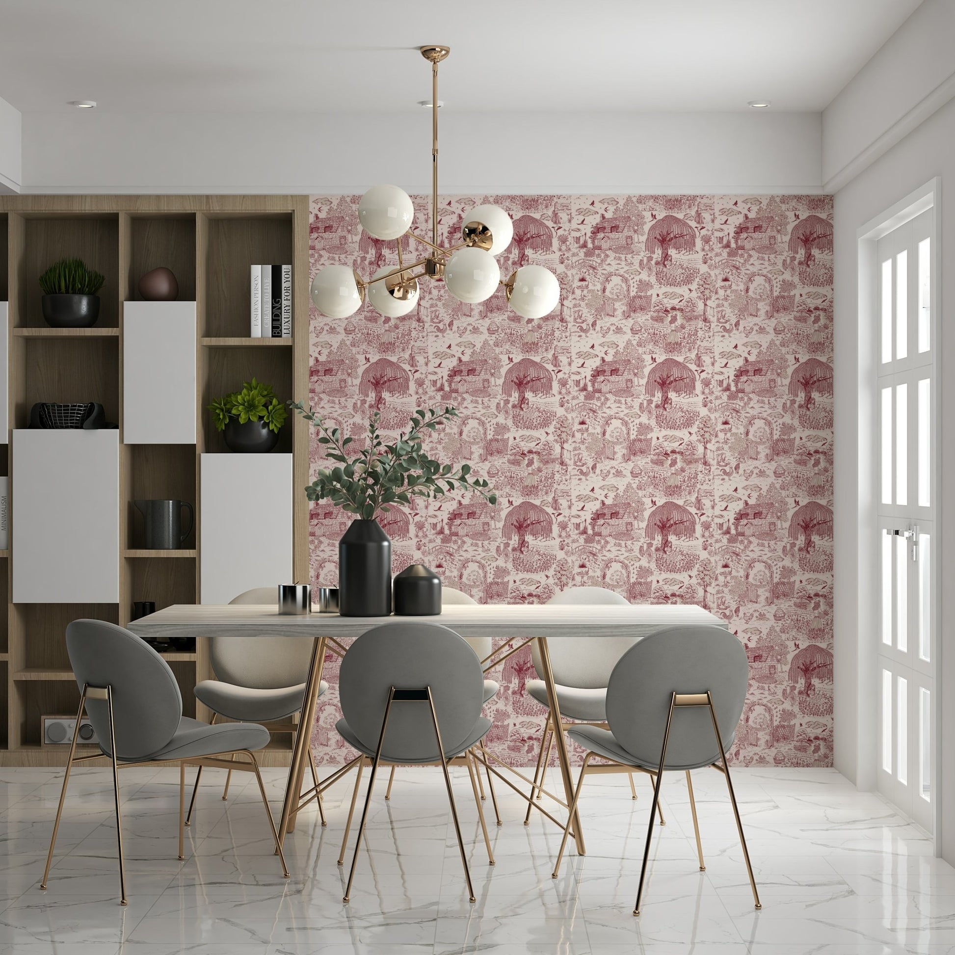 Charming repeating Country Charm Toile Wallpaper Wallpaper motif.