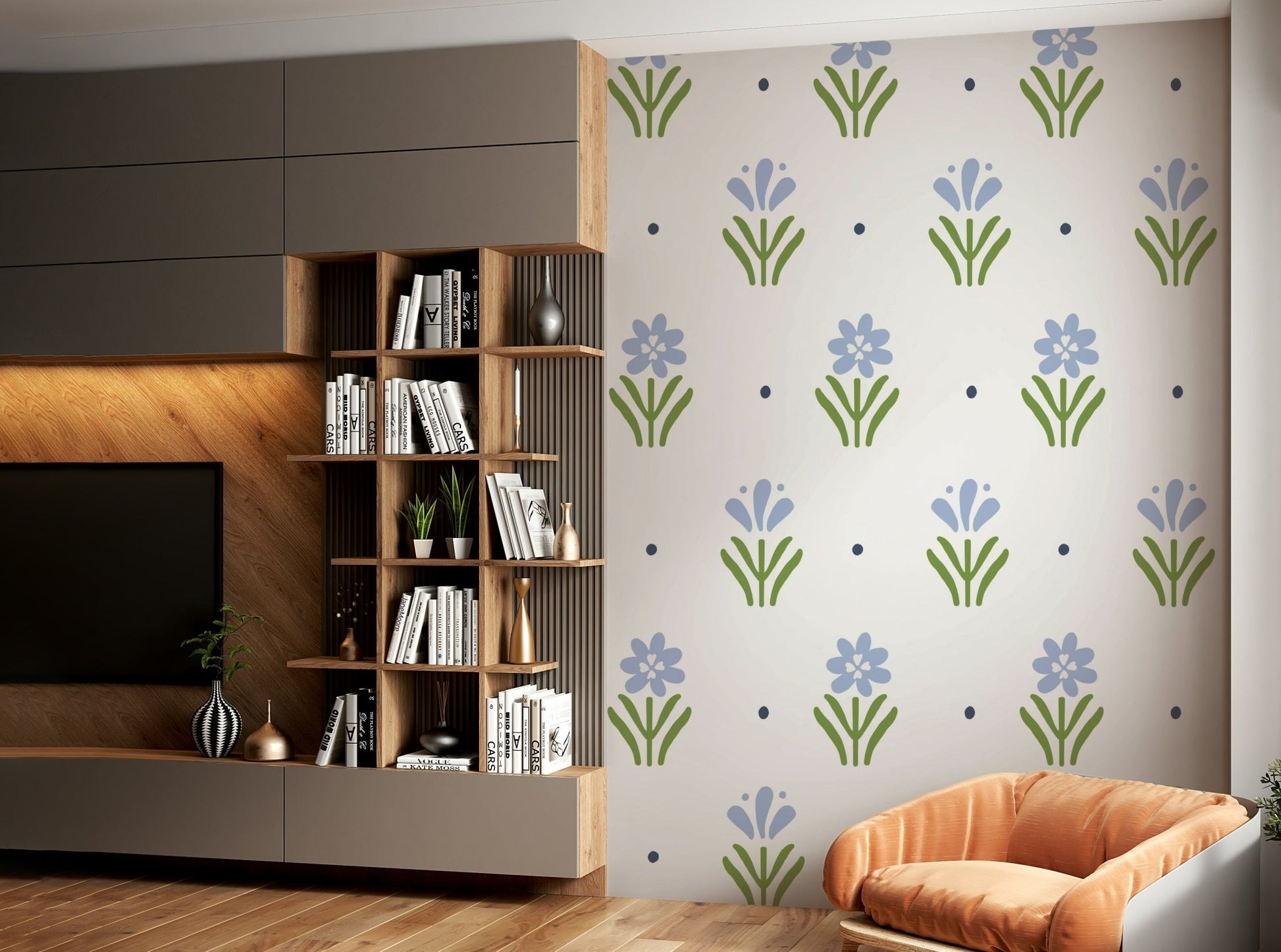 Floral Blue Wallpaper for Cottage Style Interiors

