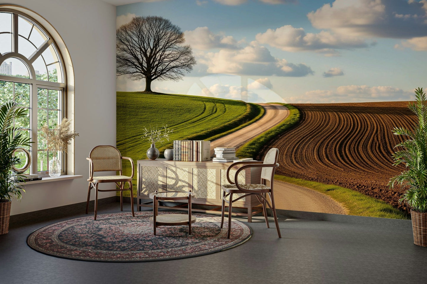 The design features a quiet path winding through fields or a forest.

