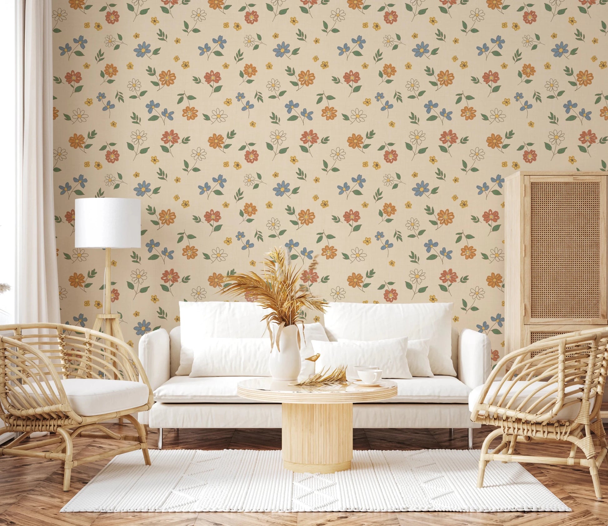 Cottage-inspired wallpaper with blue orange petals and delicate green leaves