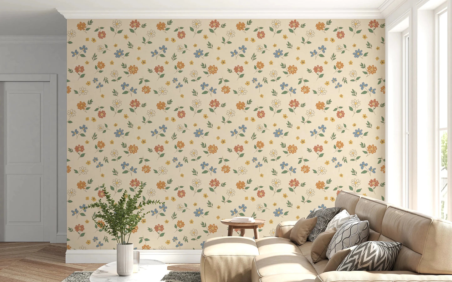 Cream floral wallpaper with an airy scattered pattern and retro garden feel