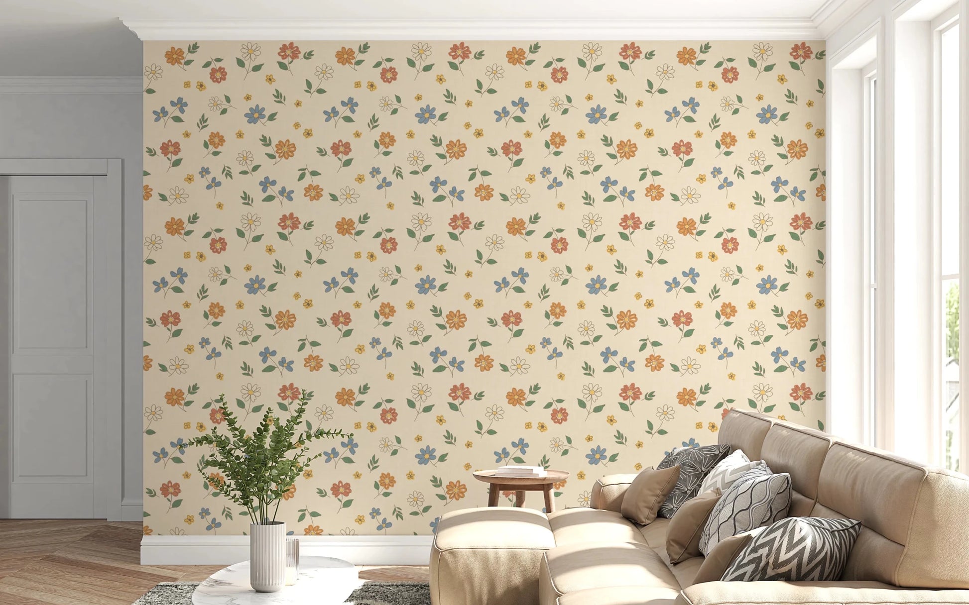 Cream floral wallpaper with an airy scattered pattern and retro garden feel