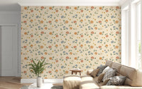 Cream floral wallpaper with an airy scattered pattern and retro garden feel