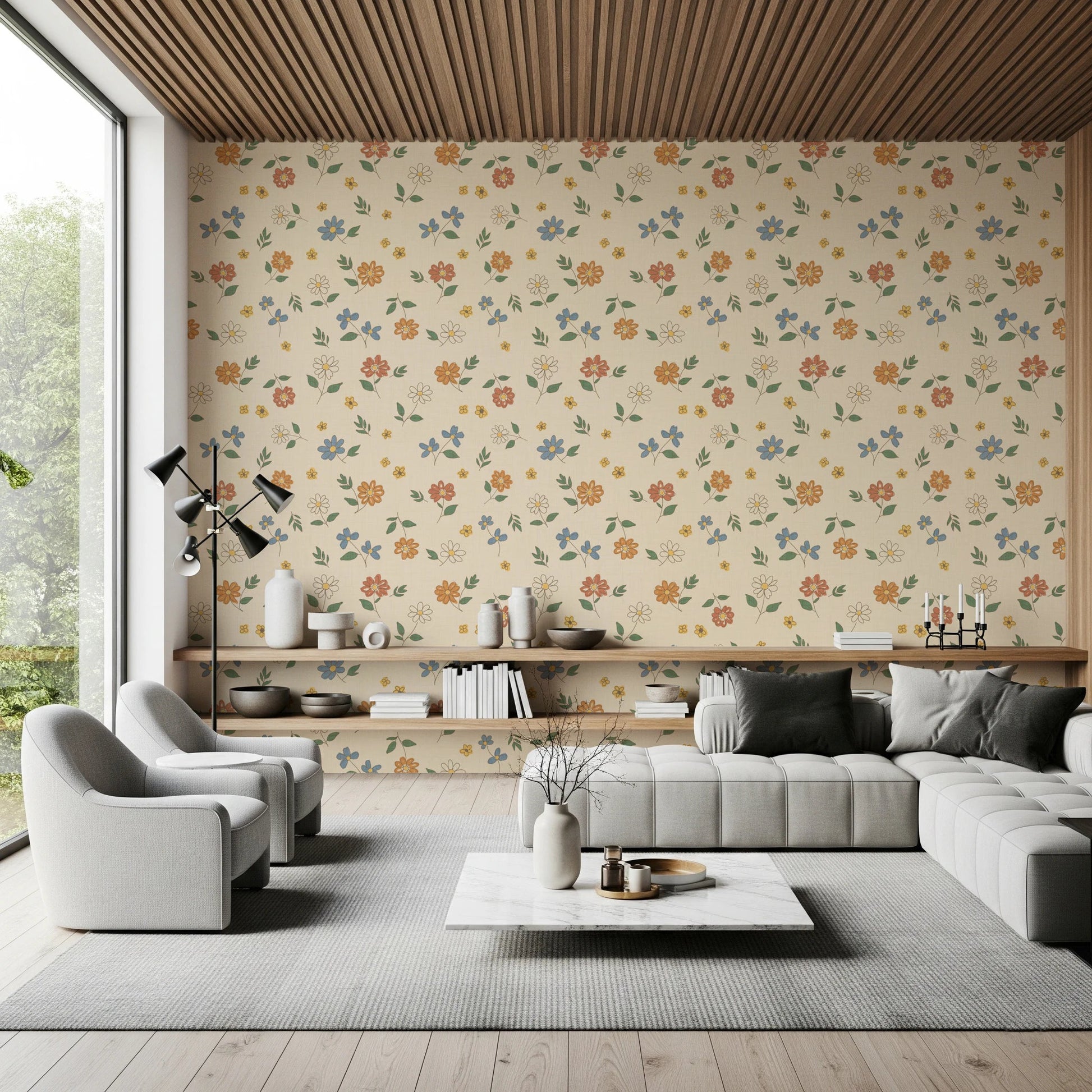 Home office using Country Scattered Floral Cream Wallpaper with scattered flowers