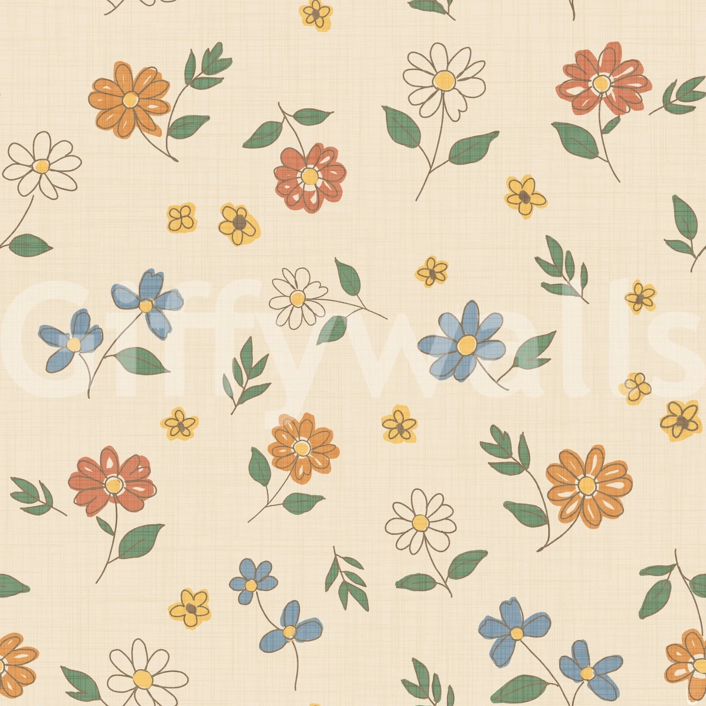 Granny core floral wallpaper with hand-drawn flowers and soft multicolor accents