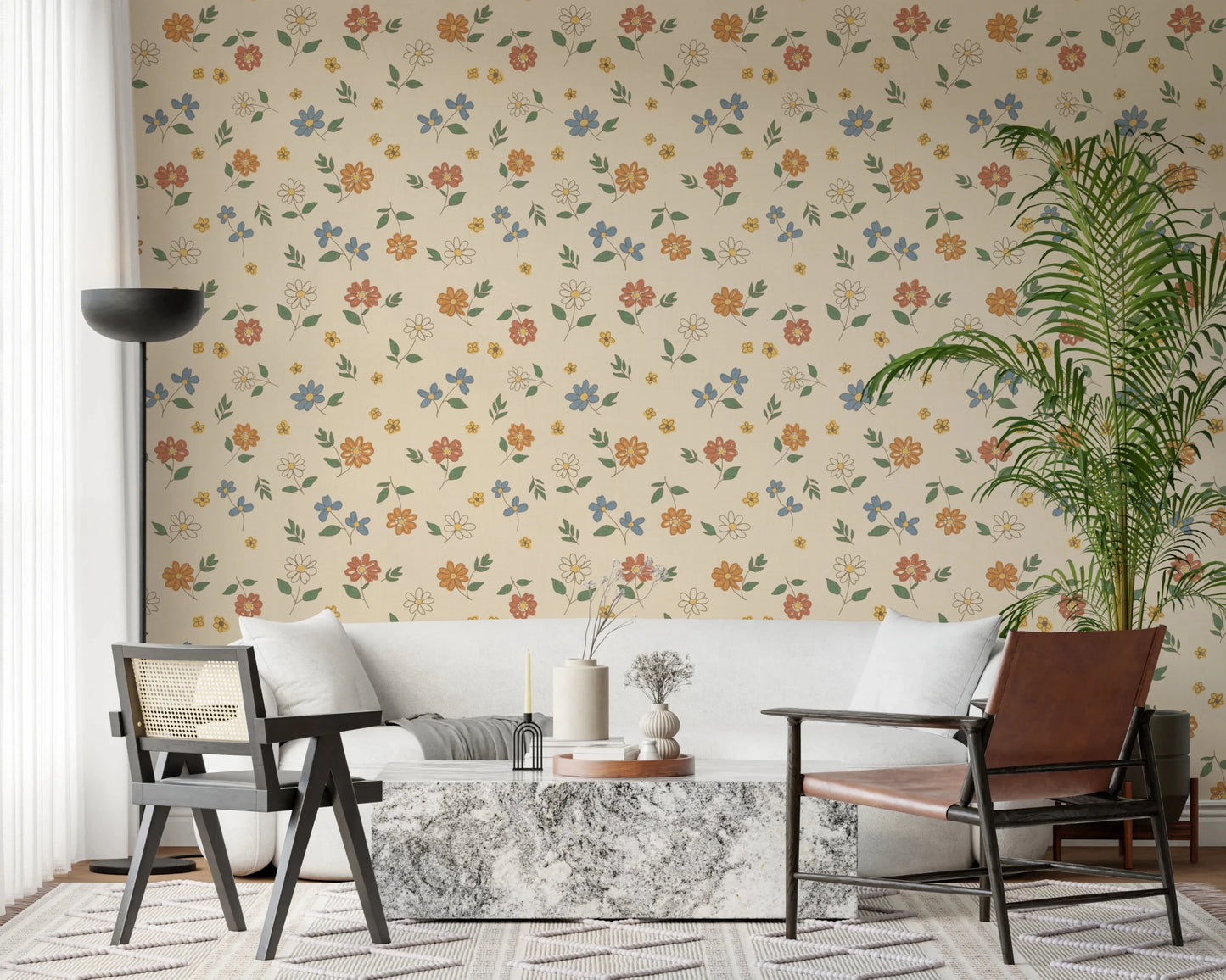 Botanical country wallpaper showing mixed blossoms across a warm cream base