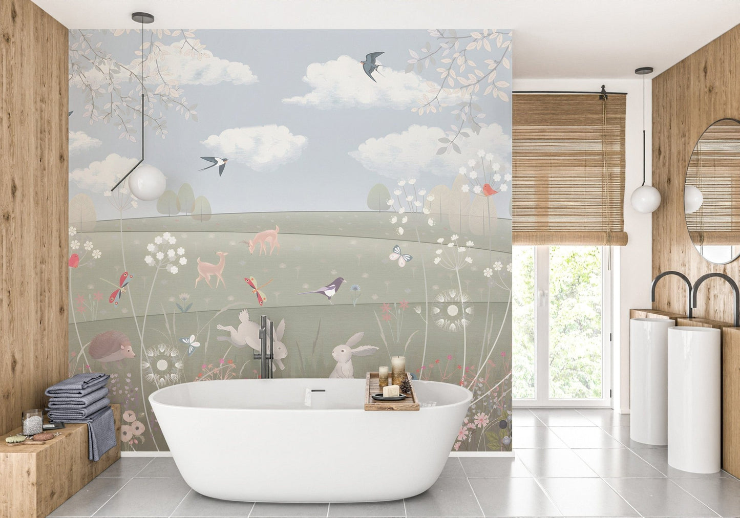 Enchanted garden watercolor mural for walls
