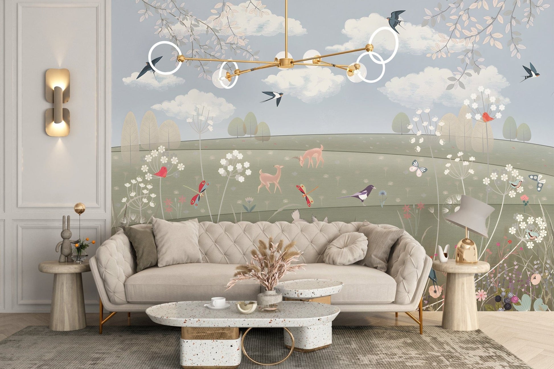 Countryside-inspired garden mural in soft watercolor tones
