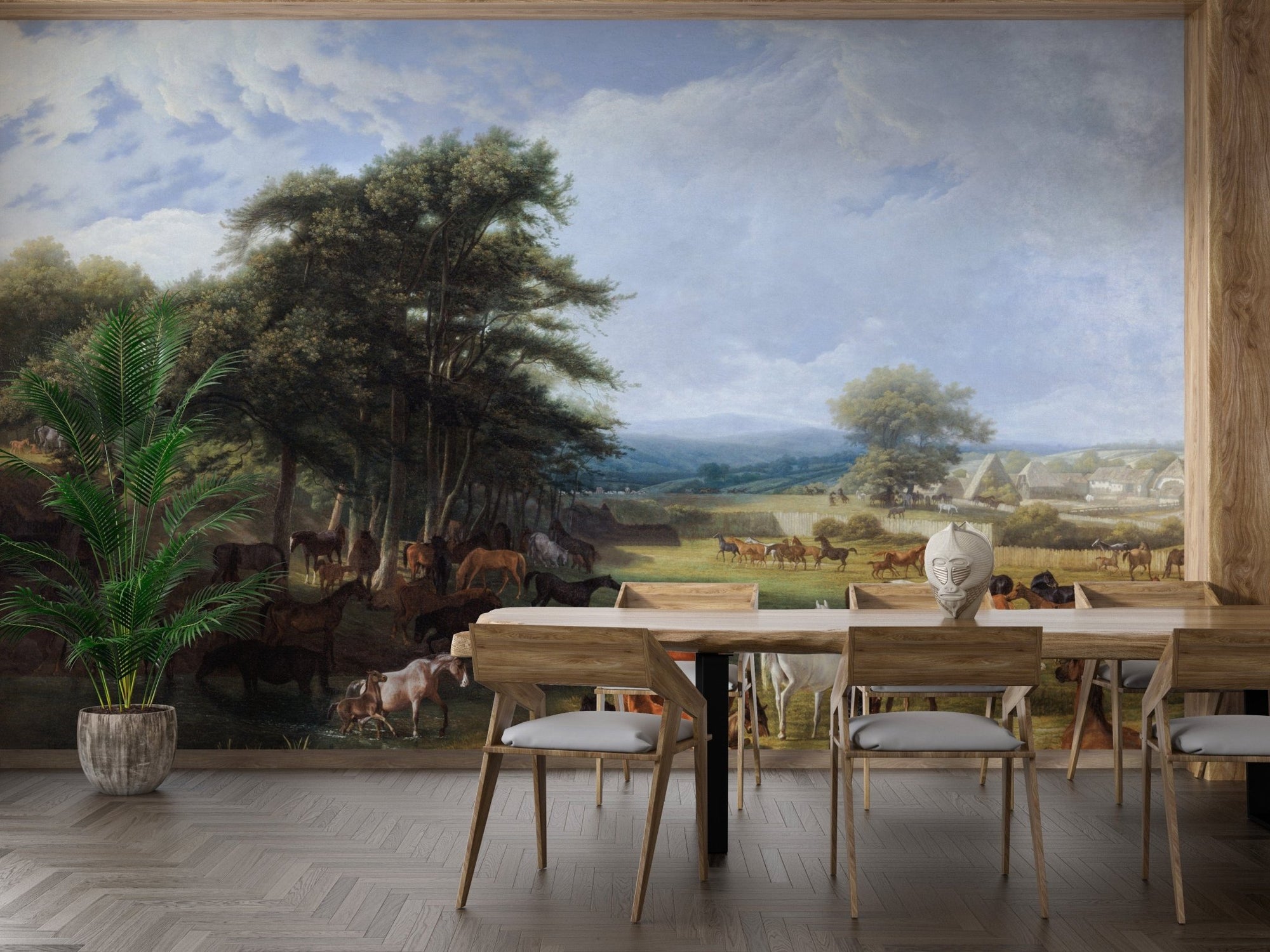 Scenic horse meadow wallpaper mural with trees MB07
