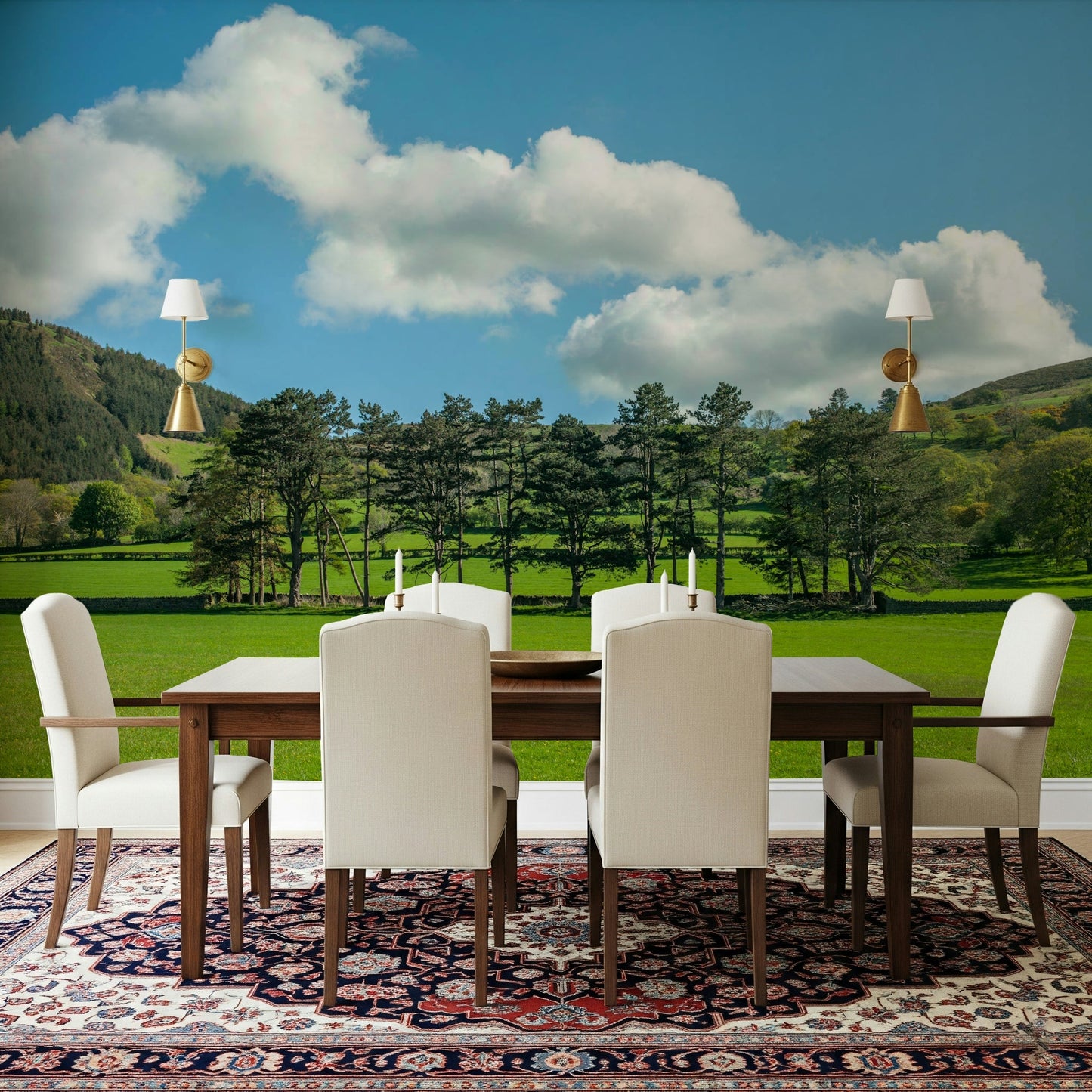 Nature inspired wallpaper with a grassy field for a dining room.