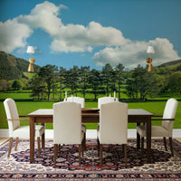 Nature inspired wallpaper with a grassy field for a dining room.