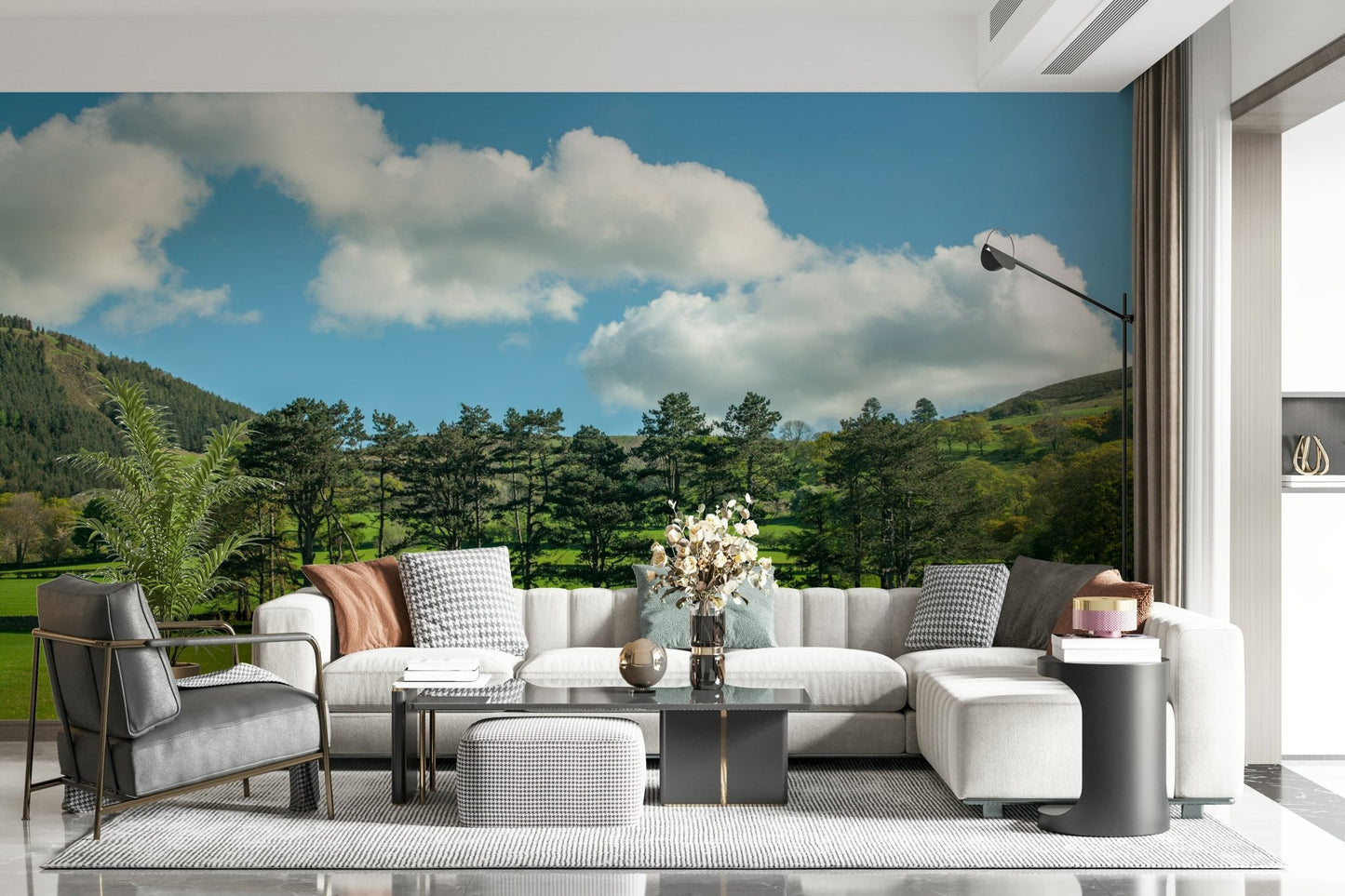 Scenic meadow wall mural for a peaceful guest room décor.