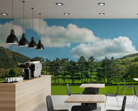 Countryside Meadow wall mural in a bright living room with green tones.