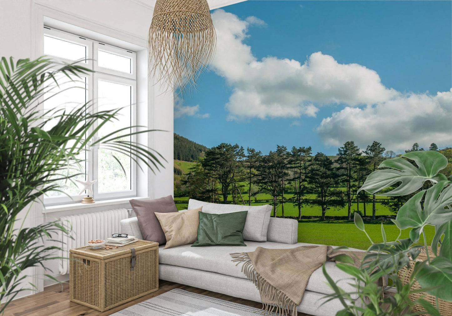 Floral landscape wallpaper for a master bedroom feature wall.