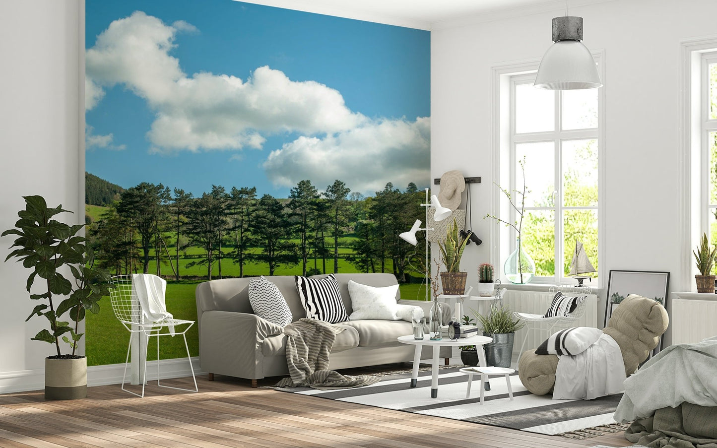 Countryside Meadow wall mural behind a wooden sofa in a lounge.