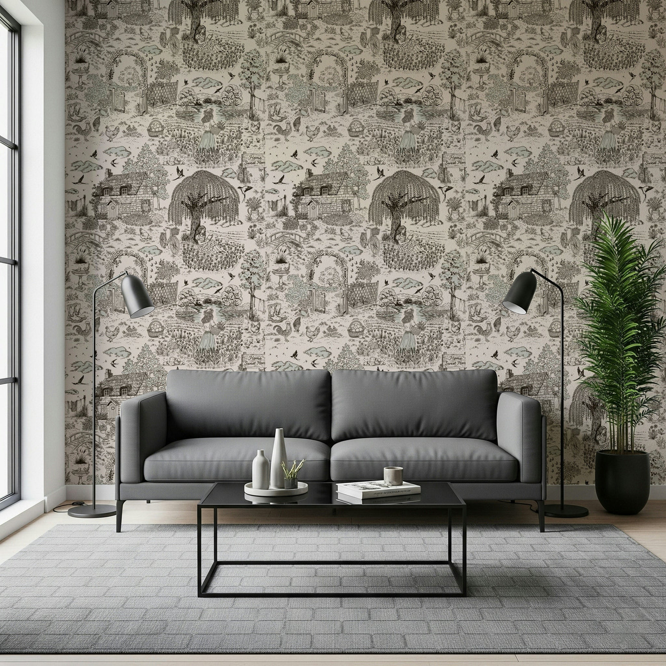 A beautiful sketch-style countryside wallpaper mural for a modern home.