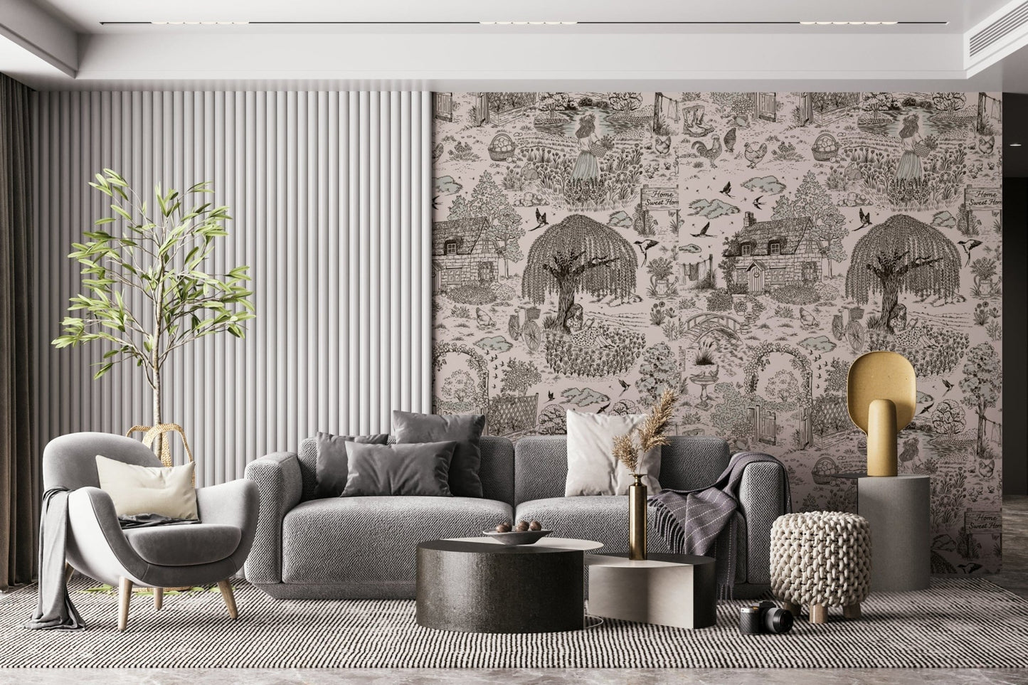 A beautiful wide-angle wall mural of a serene landscape.