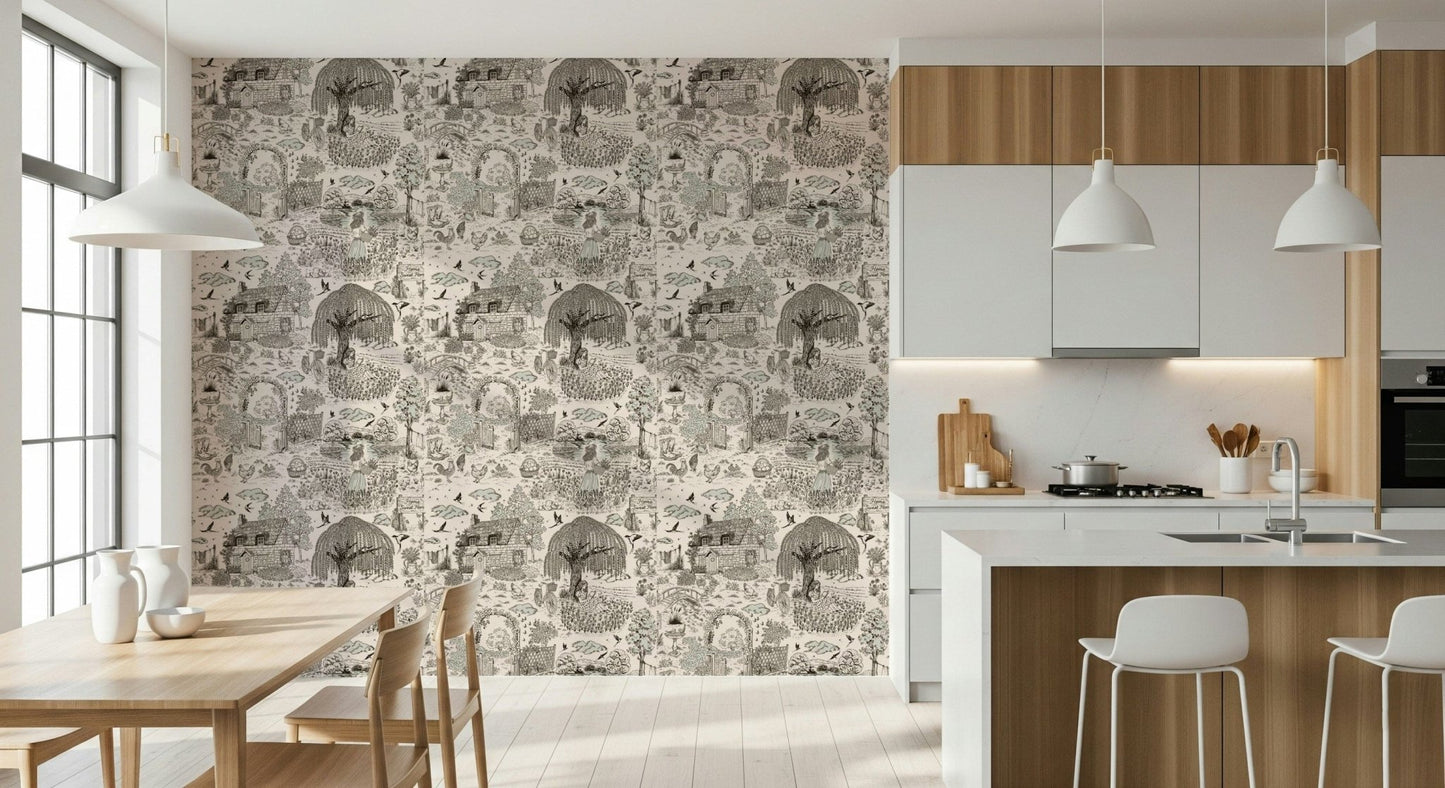 A peaceful open country mural on decorative wallpaper.