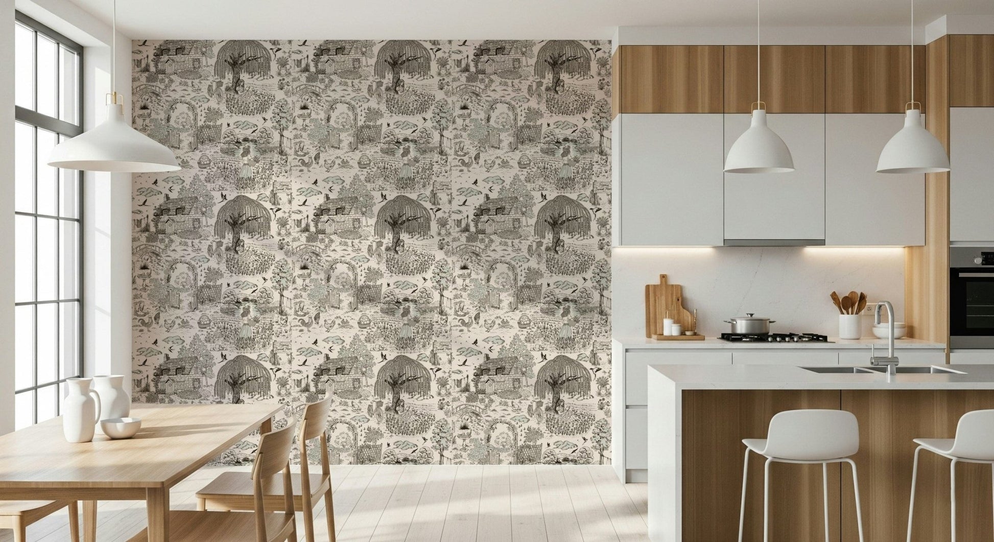 A peaceful open country mural on decorative wallpaper.