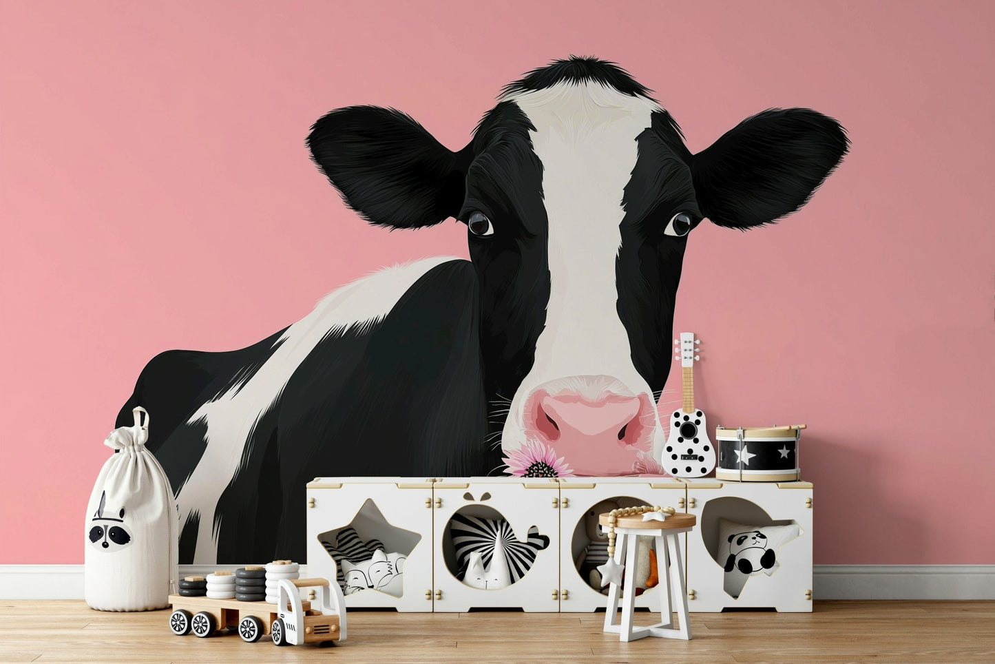 A peaceful farm animal mural on decorative wallpaper.

